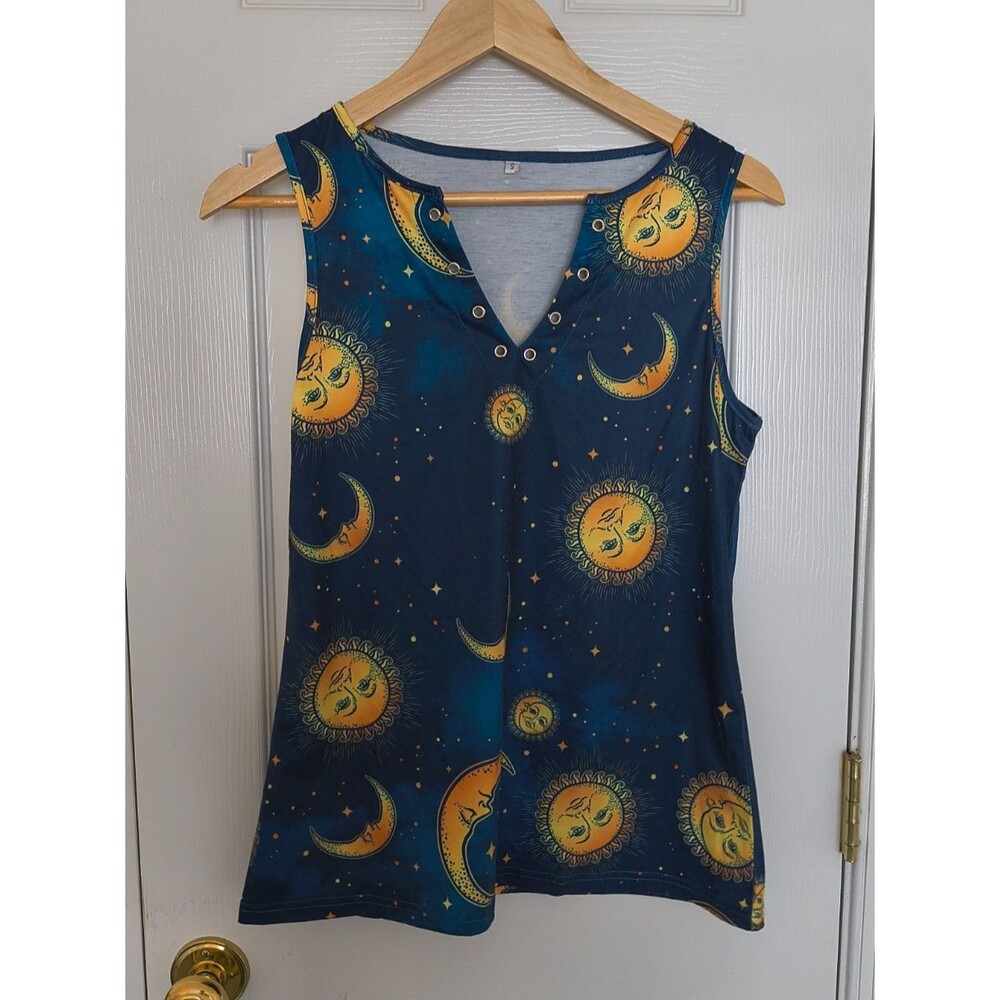 Women's S Blue Celestial Sun Moon V-Neck Sleeveless Tank Top